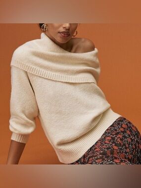 Anthropologie Slouchy Cowl Neck Sweater Cream Off Shoulder Knit M